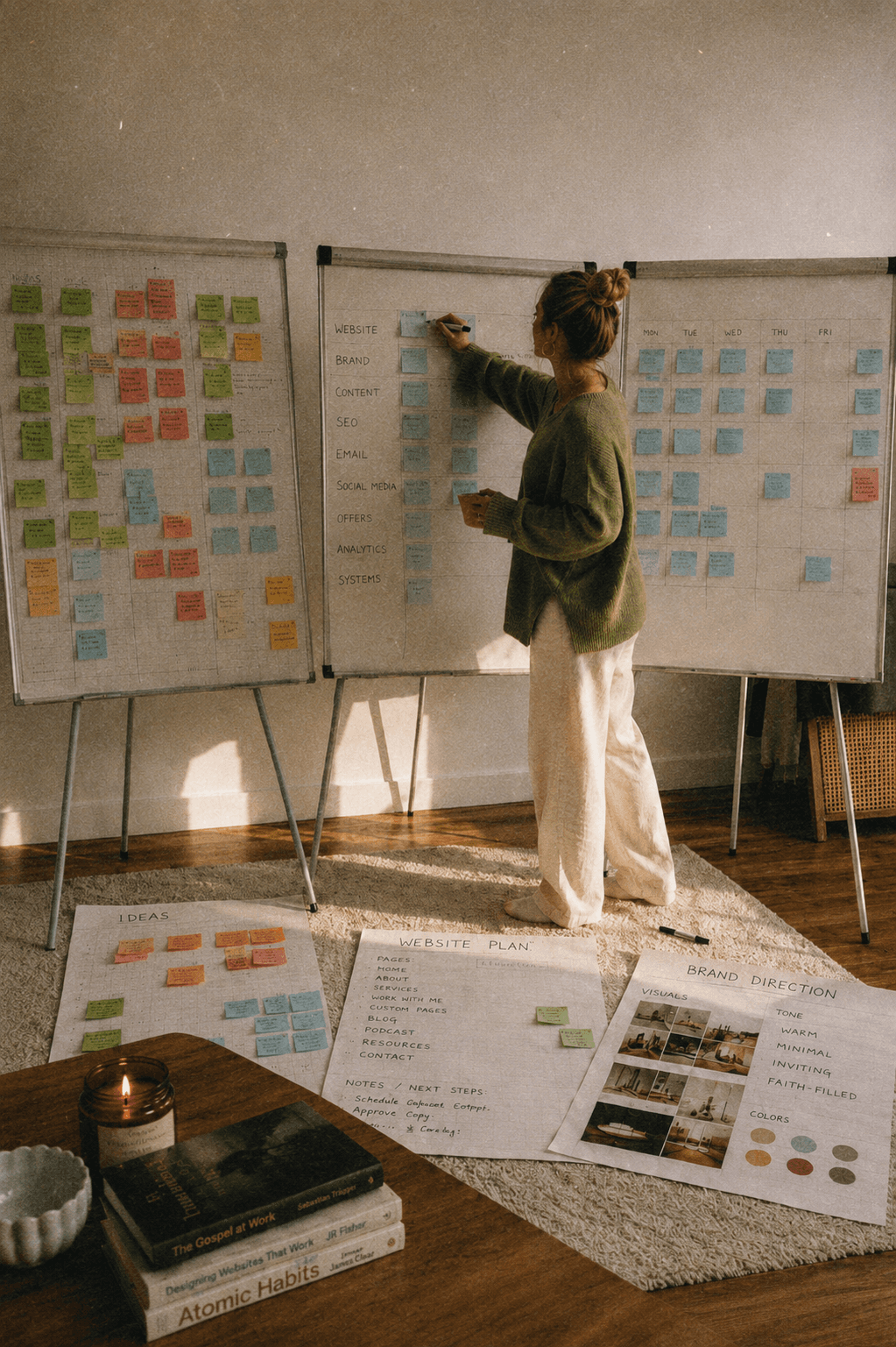 woman with easels of paper with sticky notes all over them