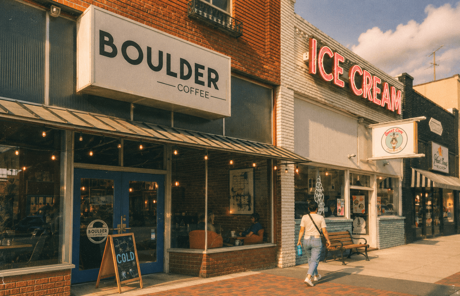a series of store fronts featuring a coffee shop and an ice cream shop